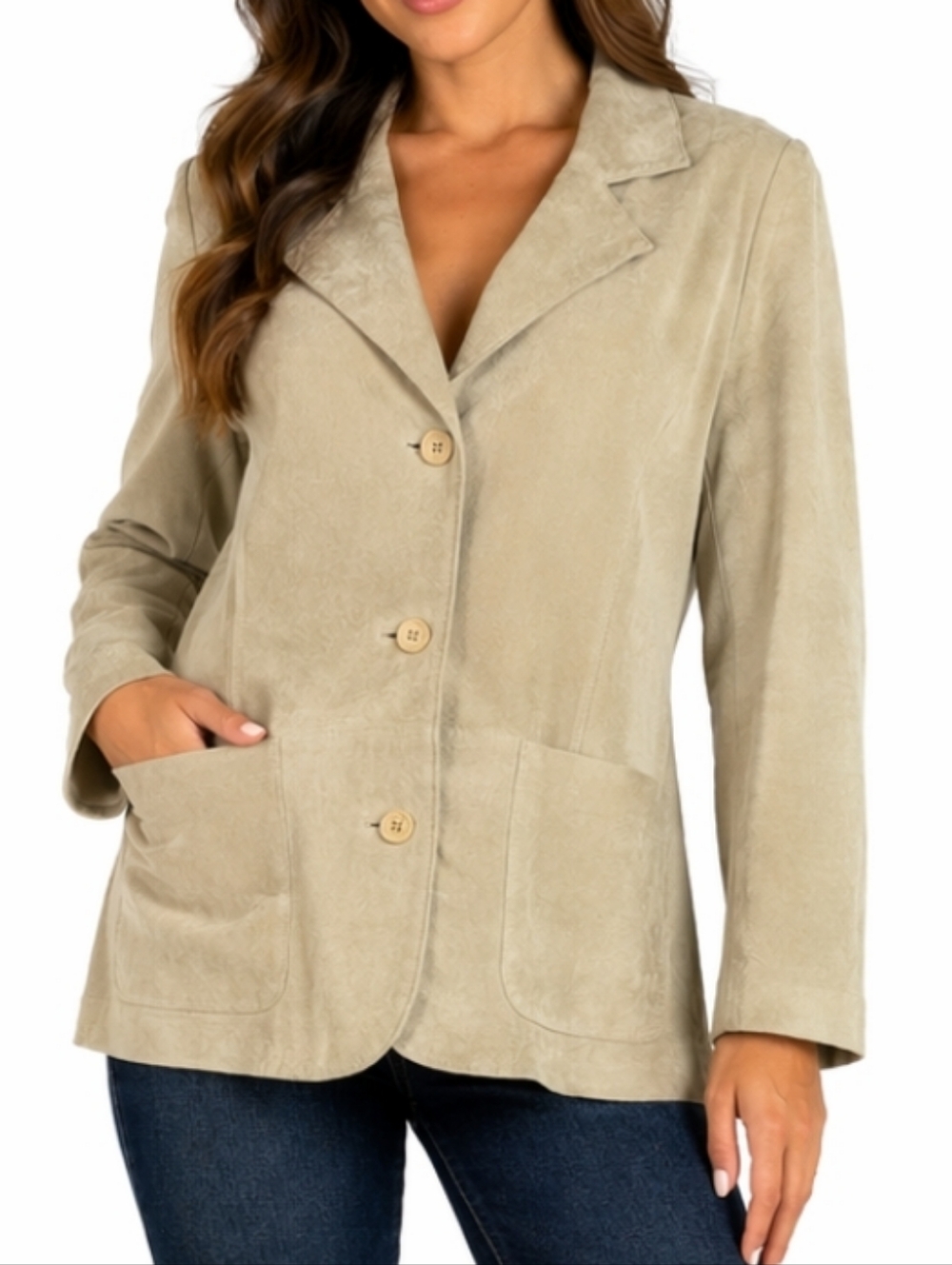 Vintage WinterSilks Tan Suede Leather Notched Lapel Silk Lined Jacket Blazer